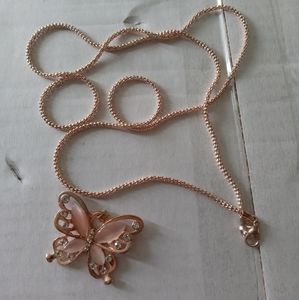 Pink moonstone and clear gems butterfly necklace